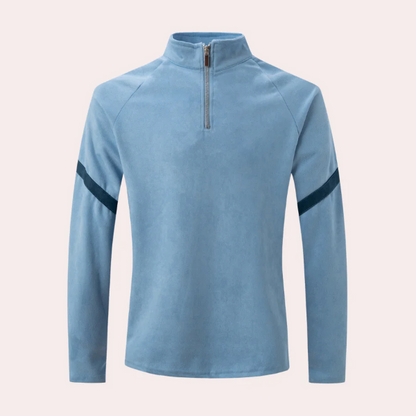 Men's Pullover – Relaxed Fit – High Collar with Short Zipper – Striped Sleeves