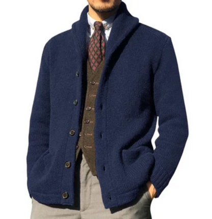 Men's Knit Jacket – Classic Fit – Button Closure – High Collar – Warm Texture