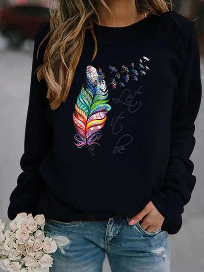 Women's Pullover – Relaxed Fit – Soft Cotton Texture – Feather Print – Long Sleeves