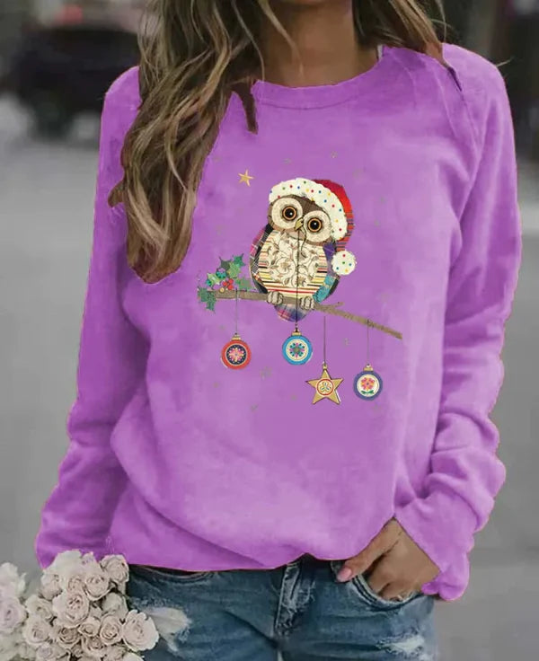 Women's sweatshirt – relaxed fit – soft cotton blend – owl Christmas motif
