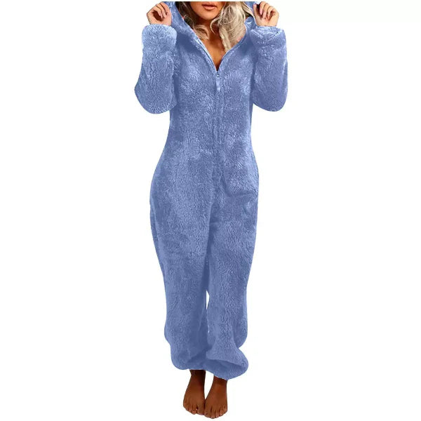 Women's Jumpsuit with Hood – Soft Plush – Relaxed Fit – Zipper – Full Length