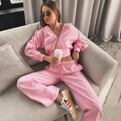 Women's Lounge Set – Zip-Up Hoodie – Oversized Fit – Wide-Leg Pants – Soft Cotton Blend