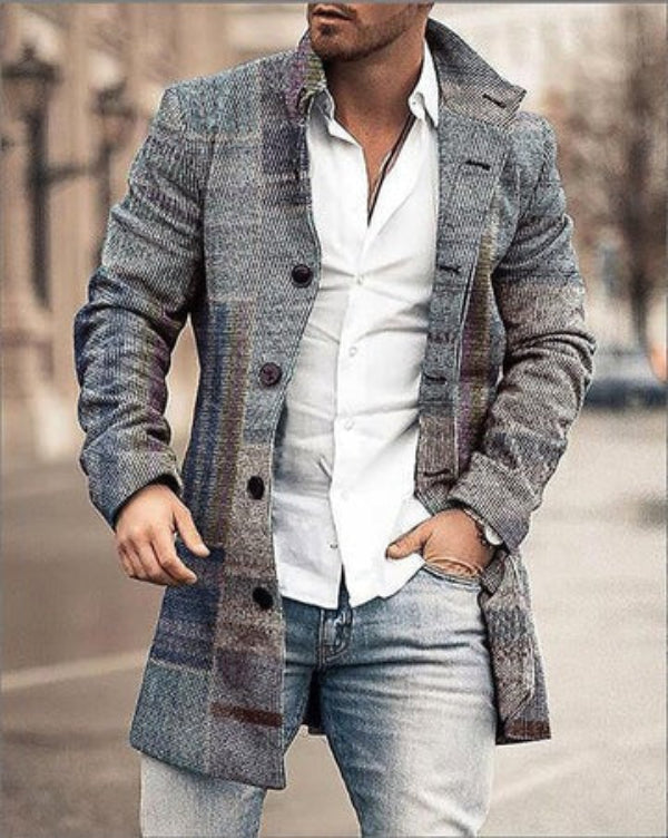 Men's Coat – Tailored Fit – Wool Texture – Mid-Length – Button Closure – Checkered Design