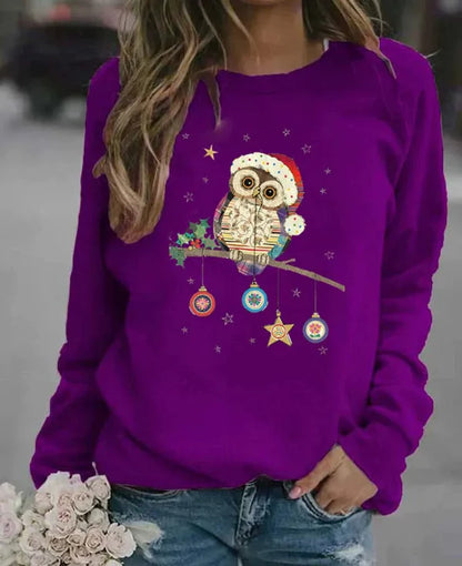 Women's sweatshirt – relaxed fit – soft cotton blend – owl Christmas motif