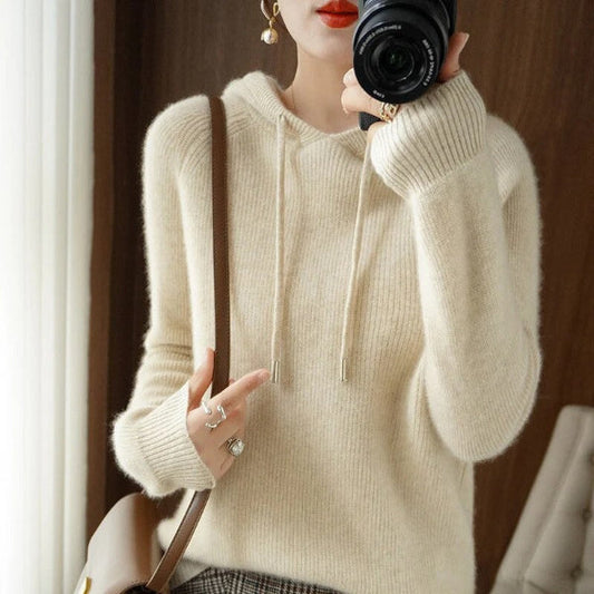 Women's Pullover with Hood – Relaxed Fit – Soft Wool Look – Long Sleeves – Ribbed Edges