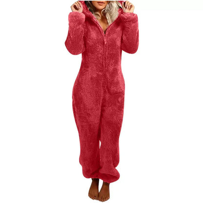 Women's Jumpsuit with Hood – Soft Plush – Relaxed Fit – Zipper – Full Length