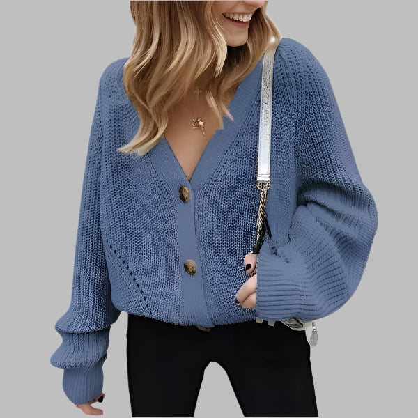 Women's Cardigan – Oversized Fit – Chunky Knit – V-Neck – Button Closure – Ribbed Edges