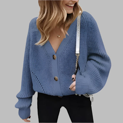 Women's Cardigan – Oversized Fit – Chunky Knit – V-Neck – Button Closure – Ribbed Edges