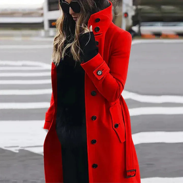 Women's Trench Coat – Tailored Fit – Wool Texture – Double-Breasted with Belt