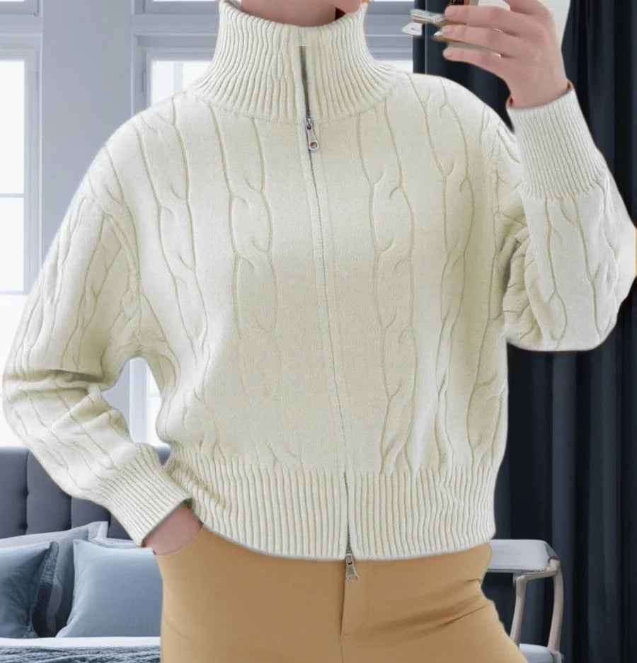 Women's Pullover Sweater – Relaxed Fit – High Collar with Zipper – Cable Knit