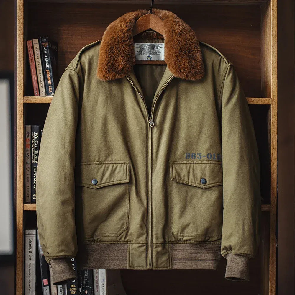 Men’s Bomber Jacket - Woven Fabric - Faux Fur Collar - Ribbed Cuffs and Hem