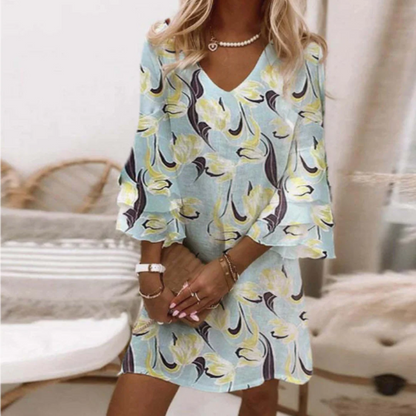 Women's Mini Dress – Relaxed Fit – V-Neck – 3/4 Sleeves – Lightweight Breathable Fabric