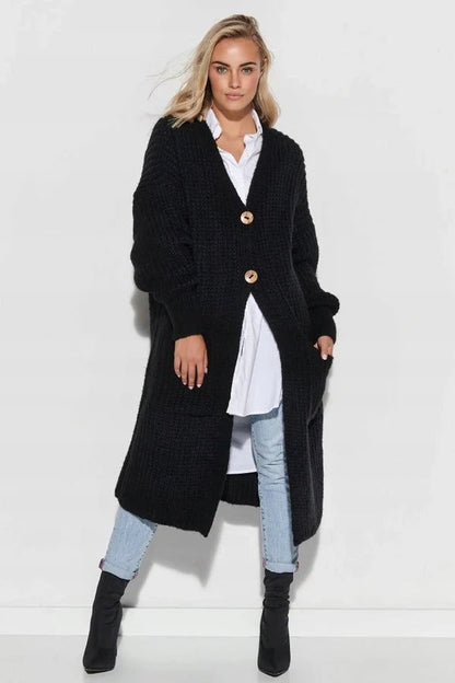 Women's Knit Coat – Oversized Fit – Long Length – Button Closure – Large Pockets
