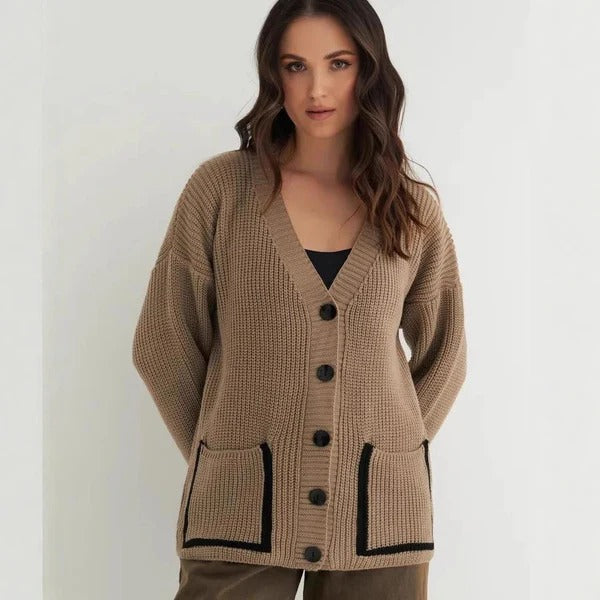 Women's Cardigan – Relaxed Fit – Ribbed Knit – V-Neck – Large Pockets