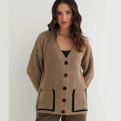 Women's Cardigan – Relaxed Fit – Ribbed Knit – V-Neck – Large Pockets