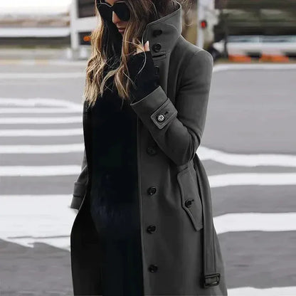 Women's Trench Coat – Tailored Fit – Wool Texture – Double-Breasted with Belt