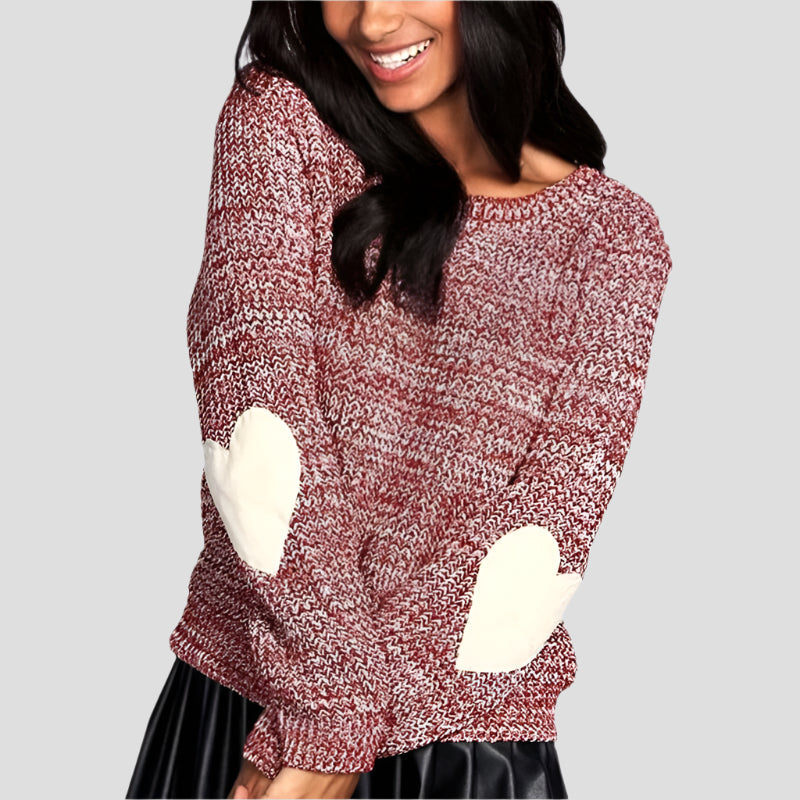 Women's Knit Sweater – Relaxed Fit – Chunky Knit – Heart Elbow Detail – Drop Shoulder