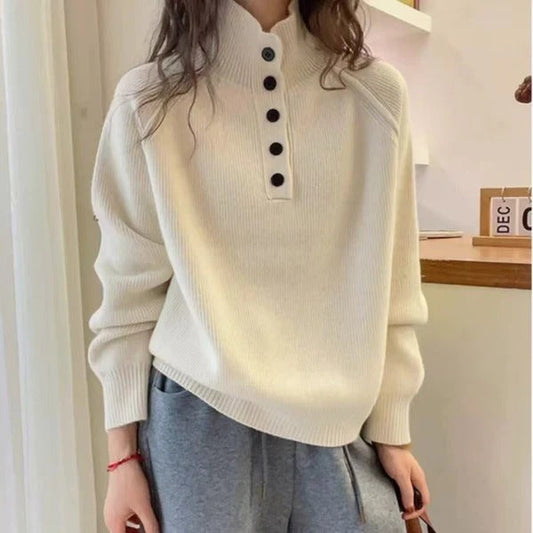 Women's Knit Sweater – Relaxed Fit – Rib Knit – High Collar – Button Details