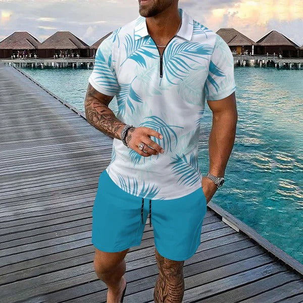 Men's Polo Shirt – Slim Fit – Breathable Fabric – Short Sleeve – Zip Collar – Tropical Pattern
