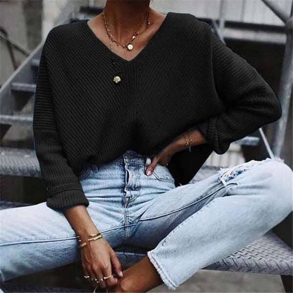 Women's Knit Sweater – Oversize Fit – V-Neck – Chunky Rib Structure – Wide Sleeves