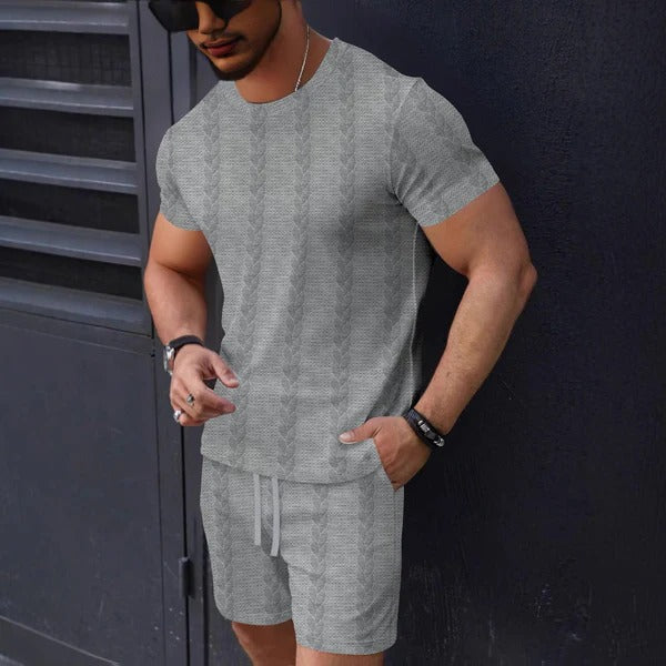 Men's T-shirt and Shorts Set – Textured Knit – Regular Fit – Round Neck – Drawstring Waist