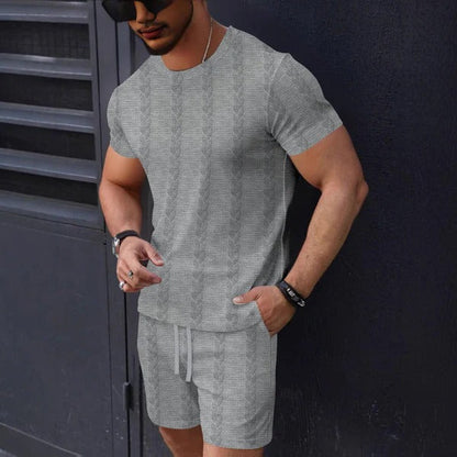 Men's T-shirt and Shorts Set – Textured Knit – Regular Fit – Round Neck – Drawstring Waist