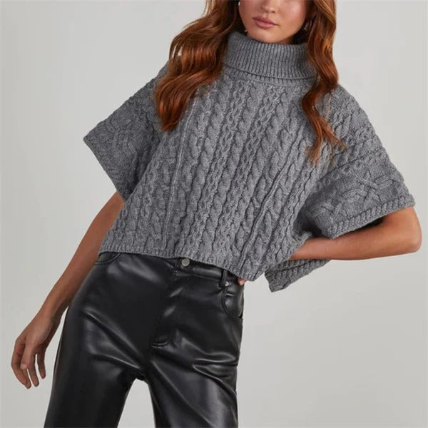 Women's Pullover – Oversize Fit – Wool Knit – Turtleneck – Short Sleeve – Cable Knit
