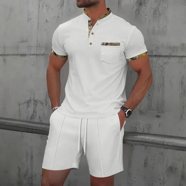 Men's Set – Slim Fit – Short-Sleeved Shirt with Mandarin Collar – Soft and Breathable – Matching Drawstring Shorts