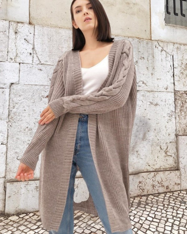 Women's Knit Coat – Oversized Fit – Cable Knit Sleeves – Long Open Front