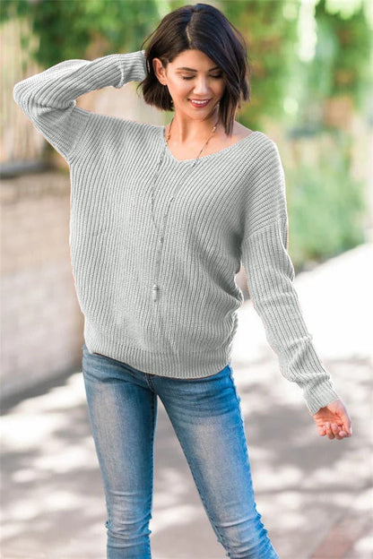 Women's Knit Sweater – Relaxed Fit – Soft Wool Feel – Open Back Twist – Long Sleeves