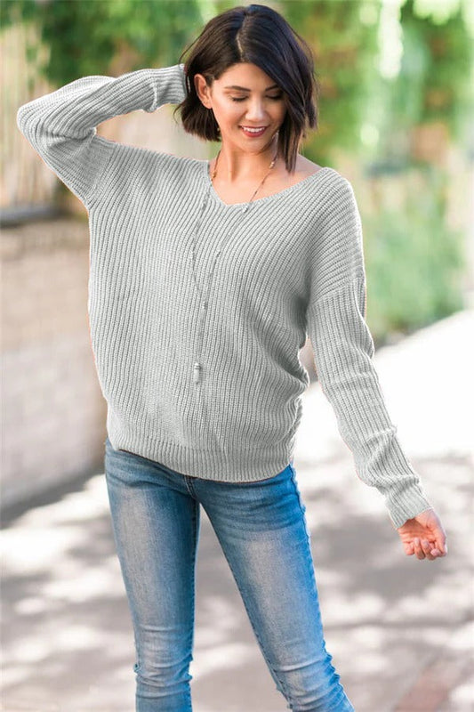 Women's Knit Sweater – Relaxed Fit – Soft Wool Feel – Open Back Twist – Long Sleeves