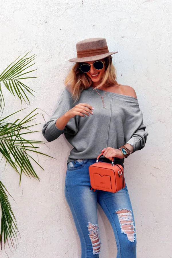 Women's Knit Sweater – Oversized Fit – Off-Shoulder – Wide Sleeves – Soft Wool Feel