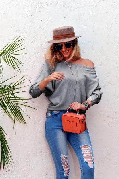 Women's Knit Sweater – Oversized Fit – Off-Shoulder – Wide Sleeves – Soft Wool Feel