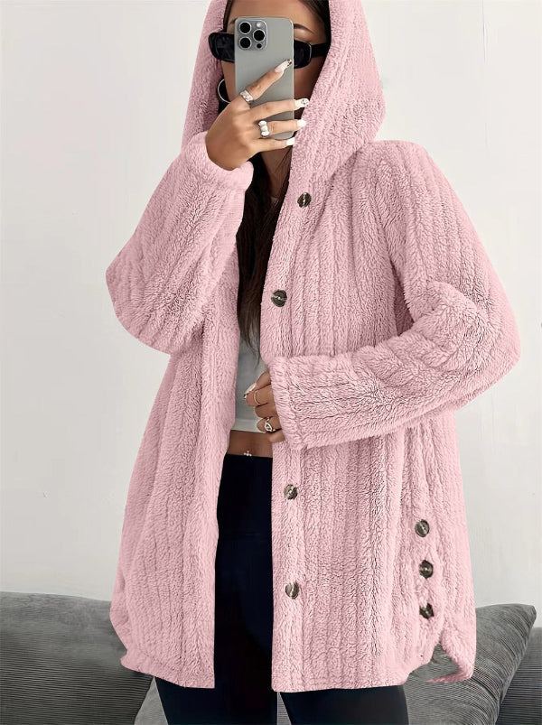 Women's Coat – Oversize Fit – Hood – Soft Texture – Button Closure – Mid-Length