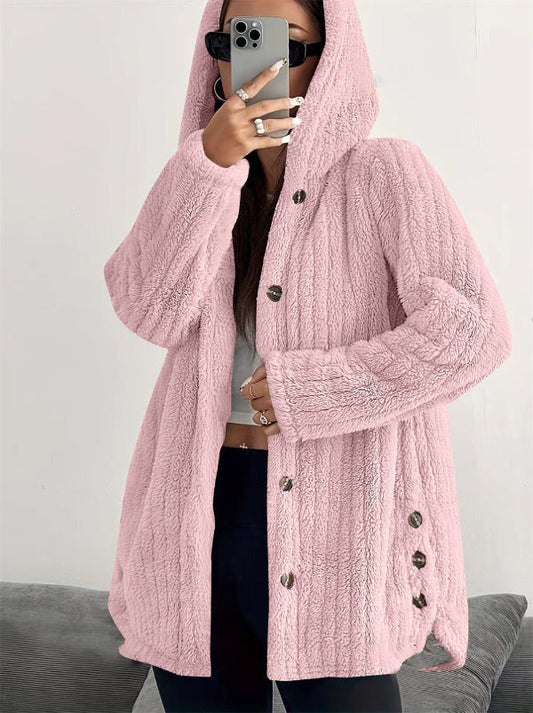 Women's Coat – Oversize Fit – Hood – Soft Texture – Button Closure – Mid-Length