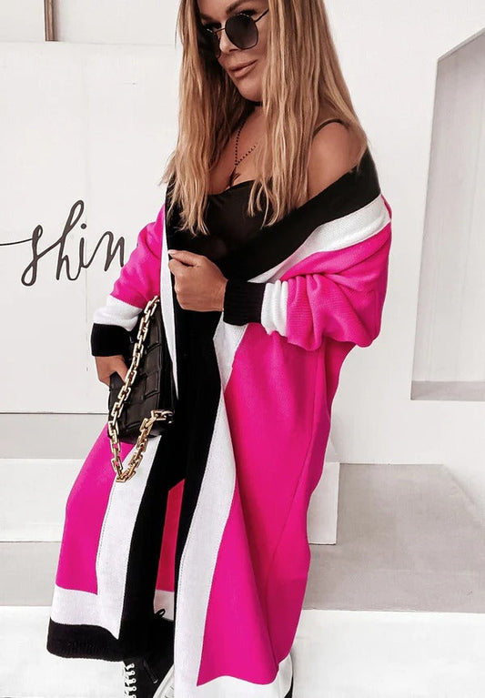 Women's Coat – Knit Design – Oversized Fit – Open Front – Full Length – Wide Collar