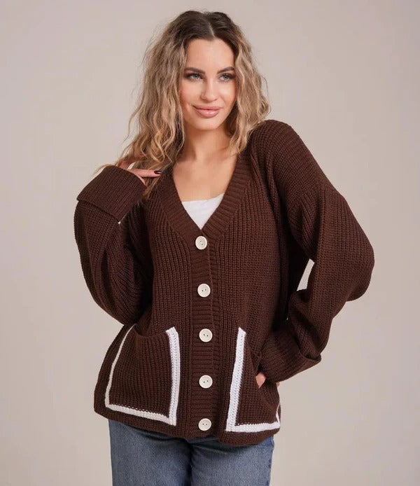 Women's Cardigan – Relaxed Fit – Ribbed Knit – V-Neck – Large Pockets