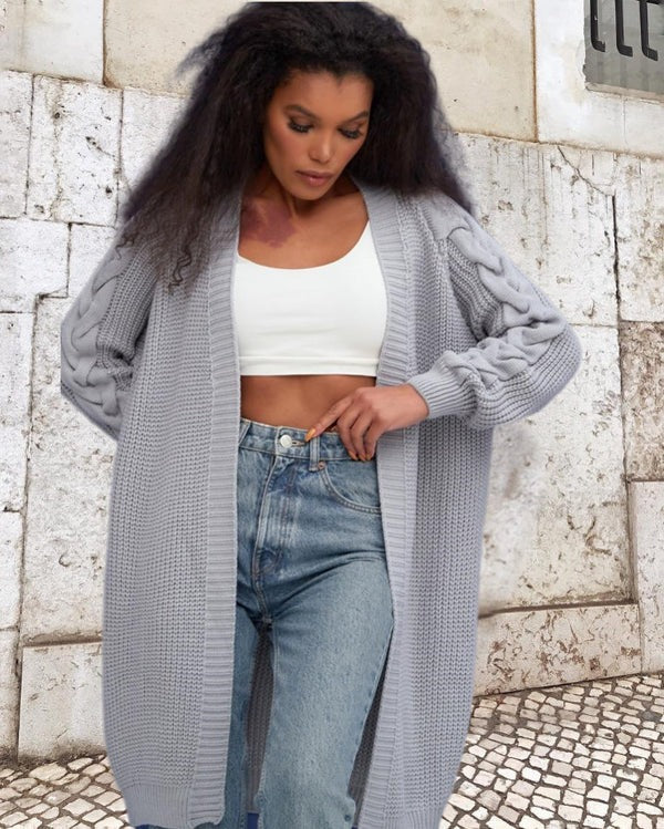 Women's Knit Coat – Oversized Fit – Cable Knit Sleeves – Long Open Front