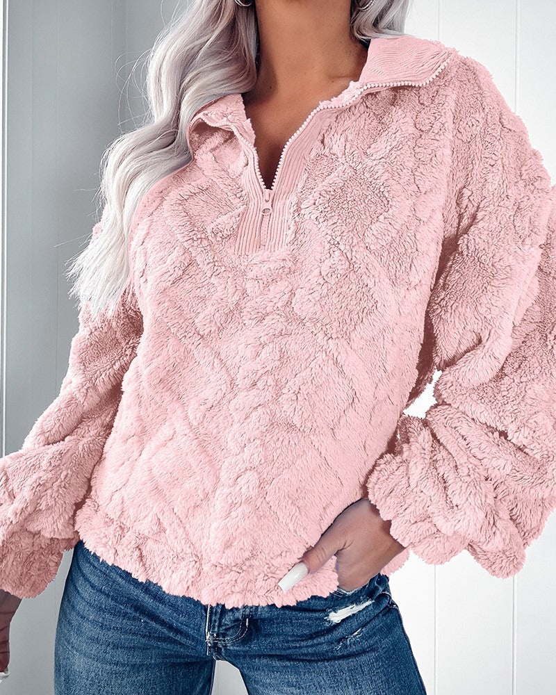Women's Pullover Sweater – Soft Faux Fur – Relaxed Fit – Quilted – Half Zip