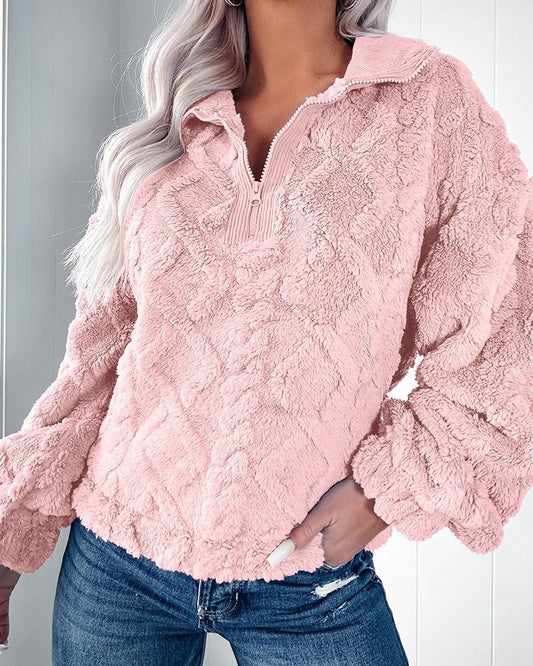 Women's Pullover Sweater – Soft Faux Fur – Relaxed Fit – Quilted – Half Zip