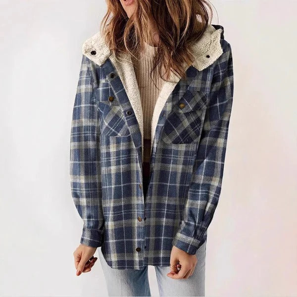 Women's Shirt – Checkered – Relaxed Fit – Lined with Fleece – Hood – Button Closure