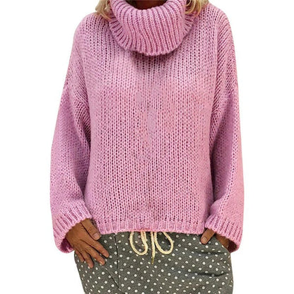Women's Knit Sweater – Oversize Fit – High Collar – Chunky Knit – Ribbed Edges