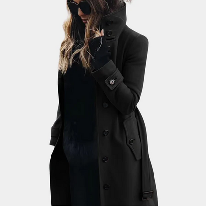 Women's Trench Coat – Tailored Fit – Wool Look – Long Model – Belt and Button Closure