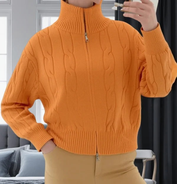 Women's Pullover Sweater – Relaxed Fit – High Collar with Zipper – Cable Knit