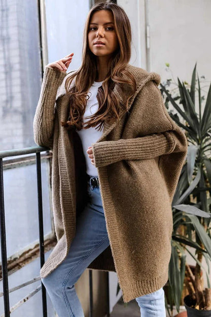 Women's Cardigan – Knit – Oversized Fit – Hood – Open Front – Ribbed Edges