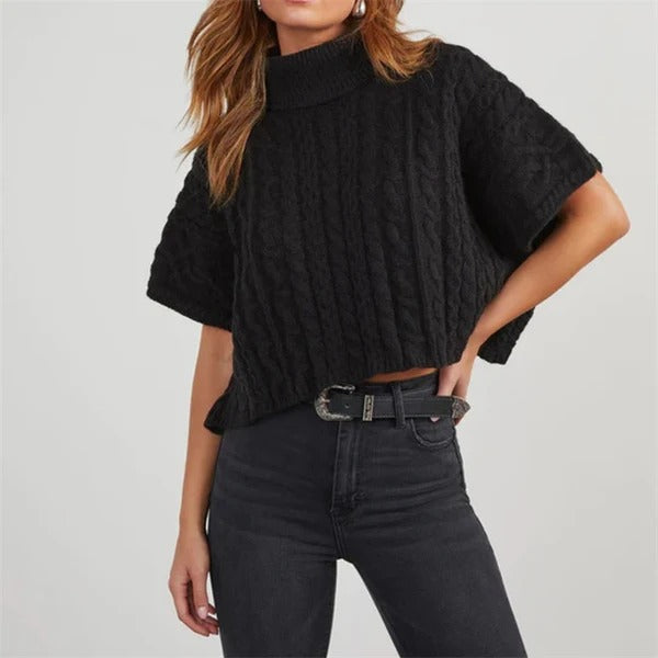 Women's Pullover – Oversize Fit – Wool Knit – Turtleneck – Short Sleeve – Cable Knit