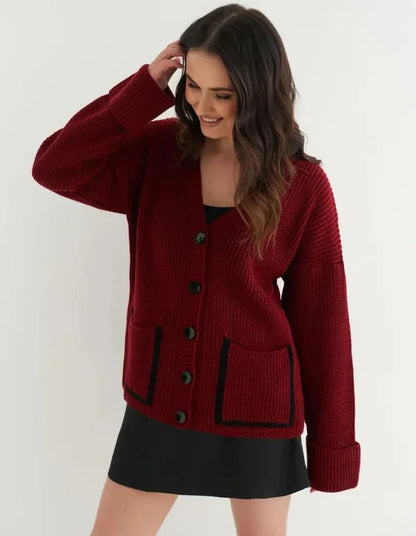 Women's Cardigan – Relaxed Fit – Ribbed Knit – V-Neck – Large Pockets