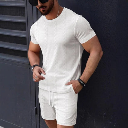 Men's T-shirt and Shorts Set – Textured Knit – Regular Fit – Round Neck – Drawstring Waist
