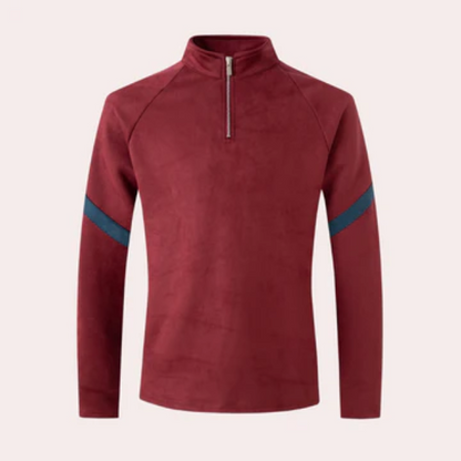 Men's Pullover – Relaxed Fit – High Collar with Short Zipper – Striped Sleeves