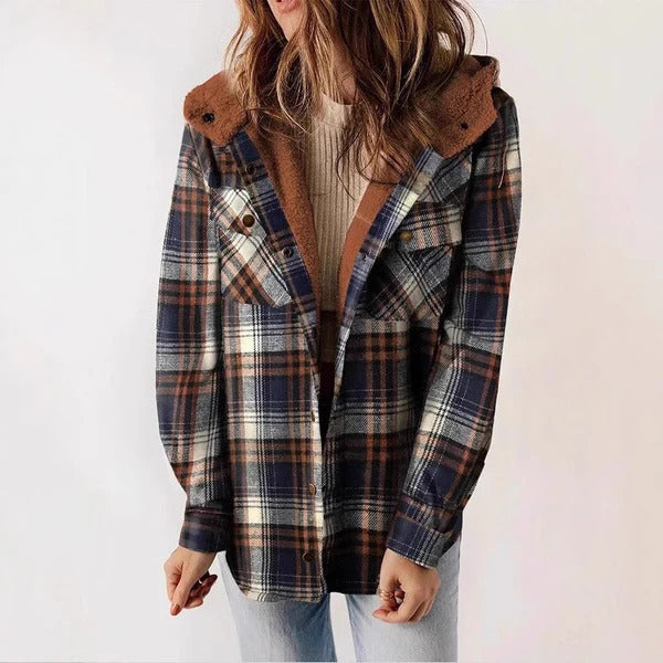 Women's Shirt – Checkered – Relaxed Fit – Lined with Fleece – Hood – Button Closure